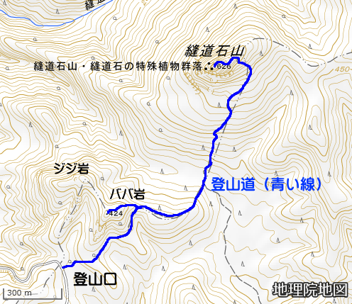 縫道石山への登山ルート地図