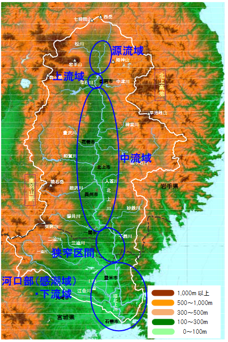 北上川の流域区分の地図