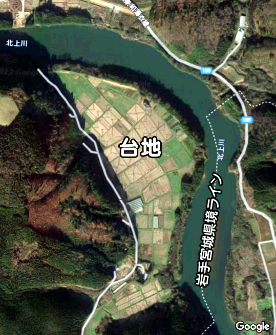 googlemap 北上川の岩手宮城県境付近